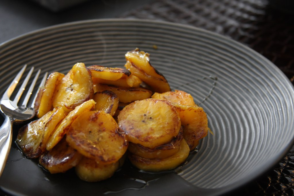 Homemade fried plantains with agave syrup glaze
