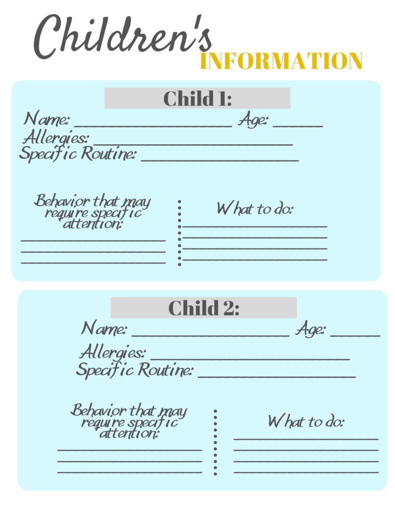 Babysitter Information Sheets